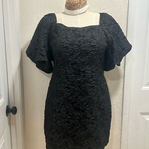 JessaKae Black Textured Puff-Sleeve Square-Neck Mini Dress
